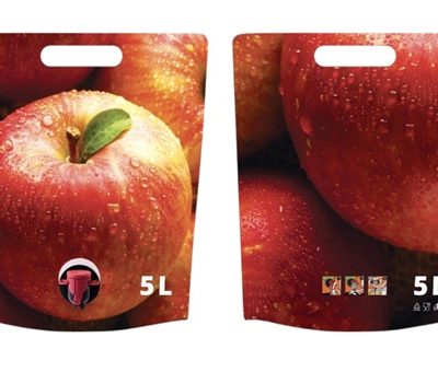 Standbodenbeutel 5 Liter mit Obstmotiv und Auslasshahn